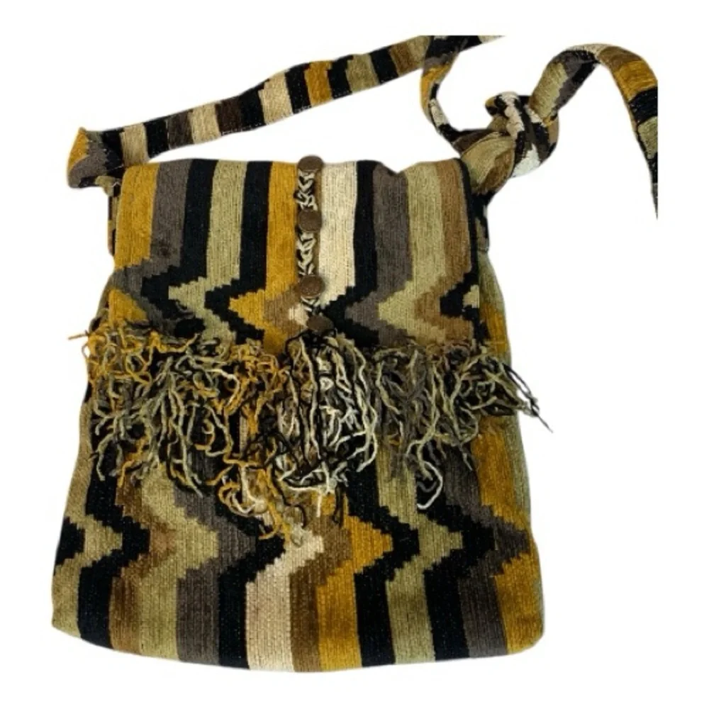 Striped Woven Knit Boho Crossbody Bag Gold Black Tan Shades Fringe Aztec Hippie